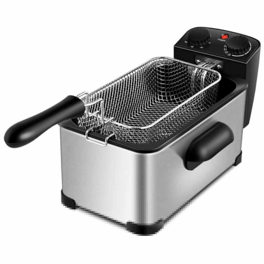 Electric stainless steel deep fryer with 3.2 qt capacity, adjustable temperature, and 60-minute timer for crispy fried.