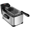 Electric stainless steel deep fryer with 3.2 qt capacity, adjustable temperature, and timer for frying various foods.