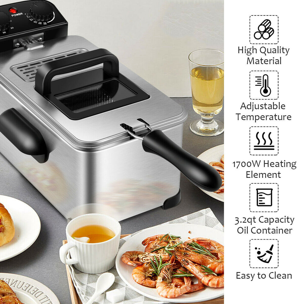 Electric stainless steel deep fryer with 3.2 qt capacity, 1700W heating element, and adjustable temperature for crispy.