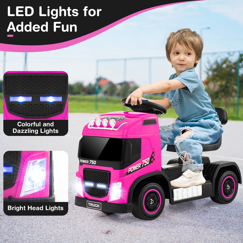 Kids electric ride-on truck in pink with adjustable seat, LED lights, and functional steering for fun outdoor play.