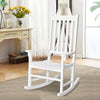 White high back rocking chair made of acacia wood, featuring a contoured seat and widened armrests for comfort.
