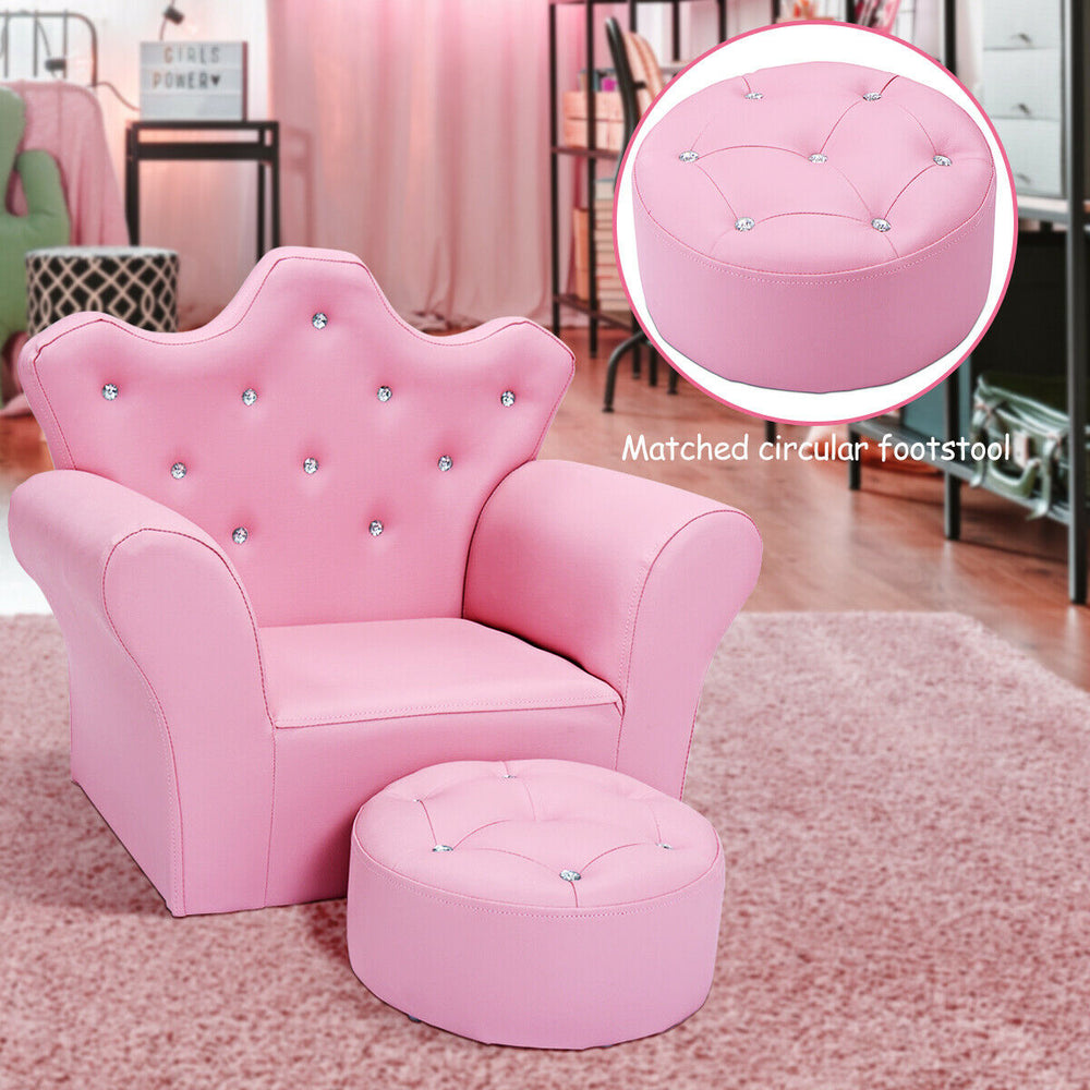 Pink kids sofa with armrests and matching ottoman, perfect for reading or relaxing in children's rooms.