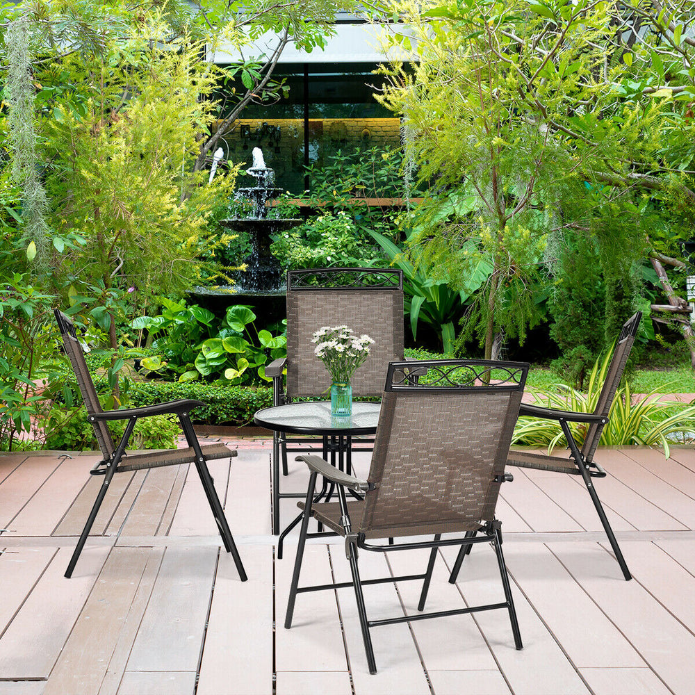 Set of 4 patio folding chairs with breathable fabric and heavy-duty steel frame, perfect for outdoor gatherings.