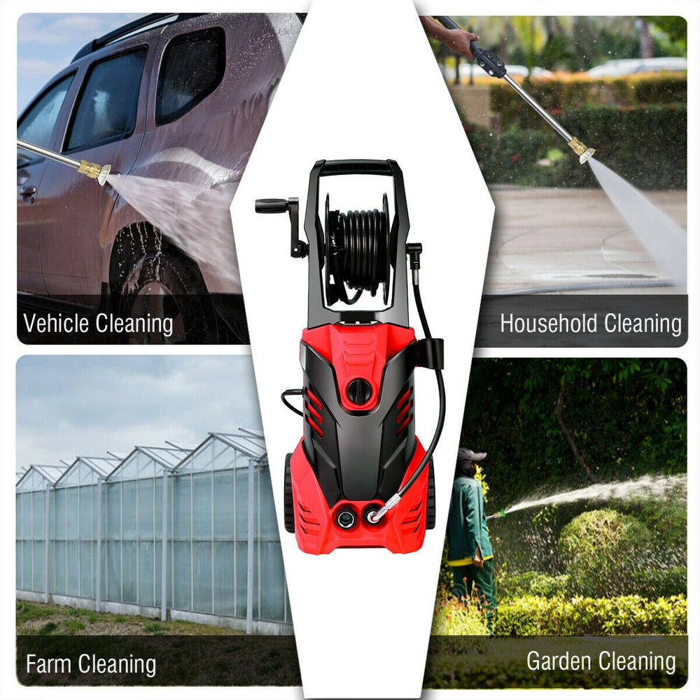 3000 PSI electric high pressure washer in red with hose reel, ideal for vehicle, household, garden, and farm cleaning.