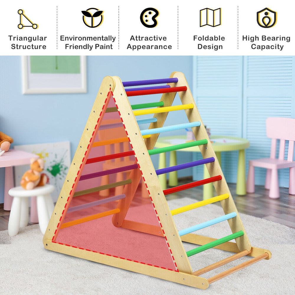 Foldable wooden climbing triangle with colorful rungs, designed for kids' climbing and sliding, ensuring safety and.