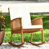 Acacia wood rocking chair with detachable washable cushions, featuring a rustic teak color, perfect for patio or garden.