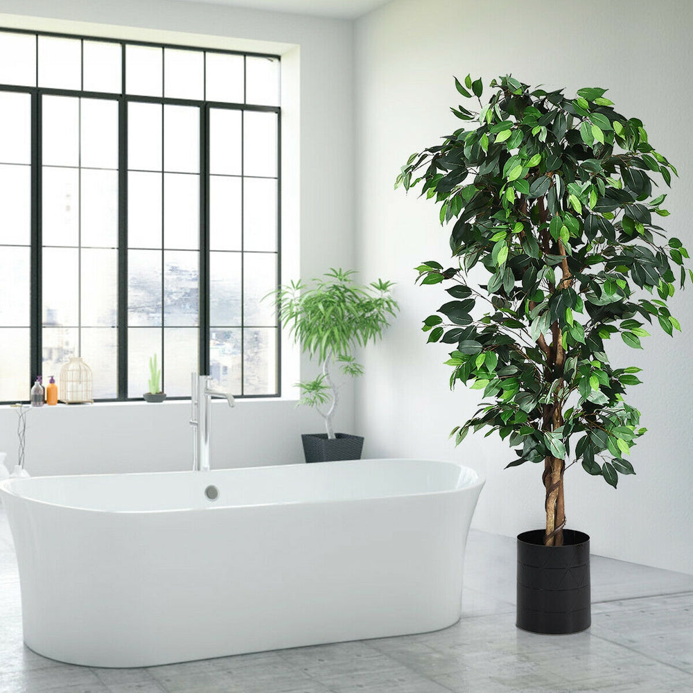 6-foot artificial Ficus silk tree with realistic leaves in a cement base, ideal for home or office decor.