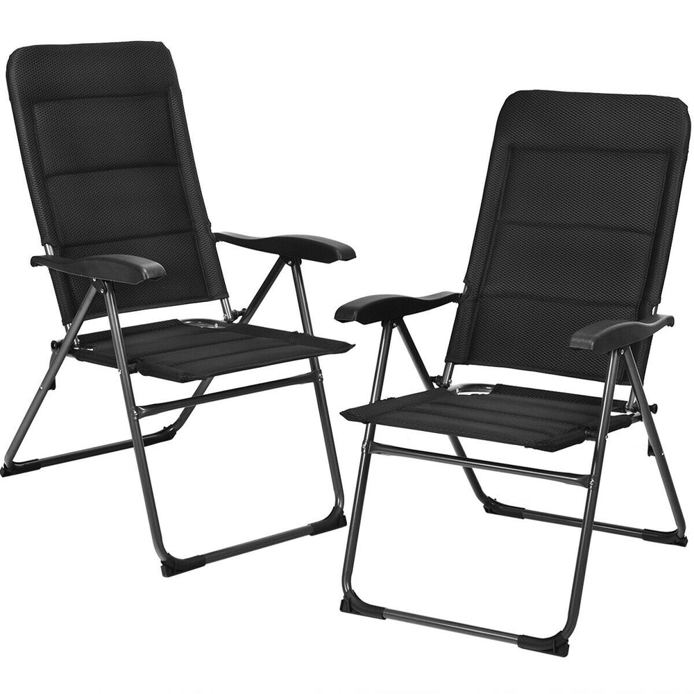 Black outdoor folding patio chairs with adjustable backrests, made of steel and oxford fabric, ideal for backyard.