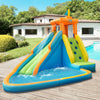 Inflatable water slide bounce house with climbing wall, splash pool, and mounted squirt guns for summer fun.