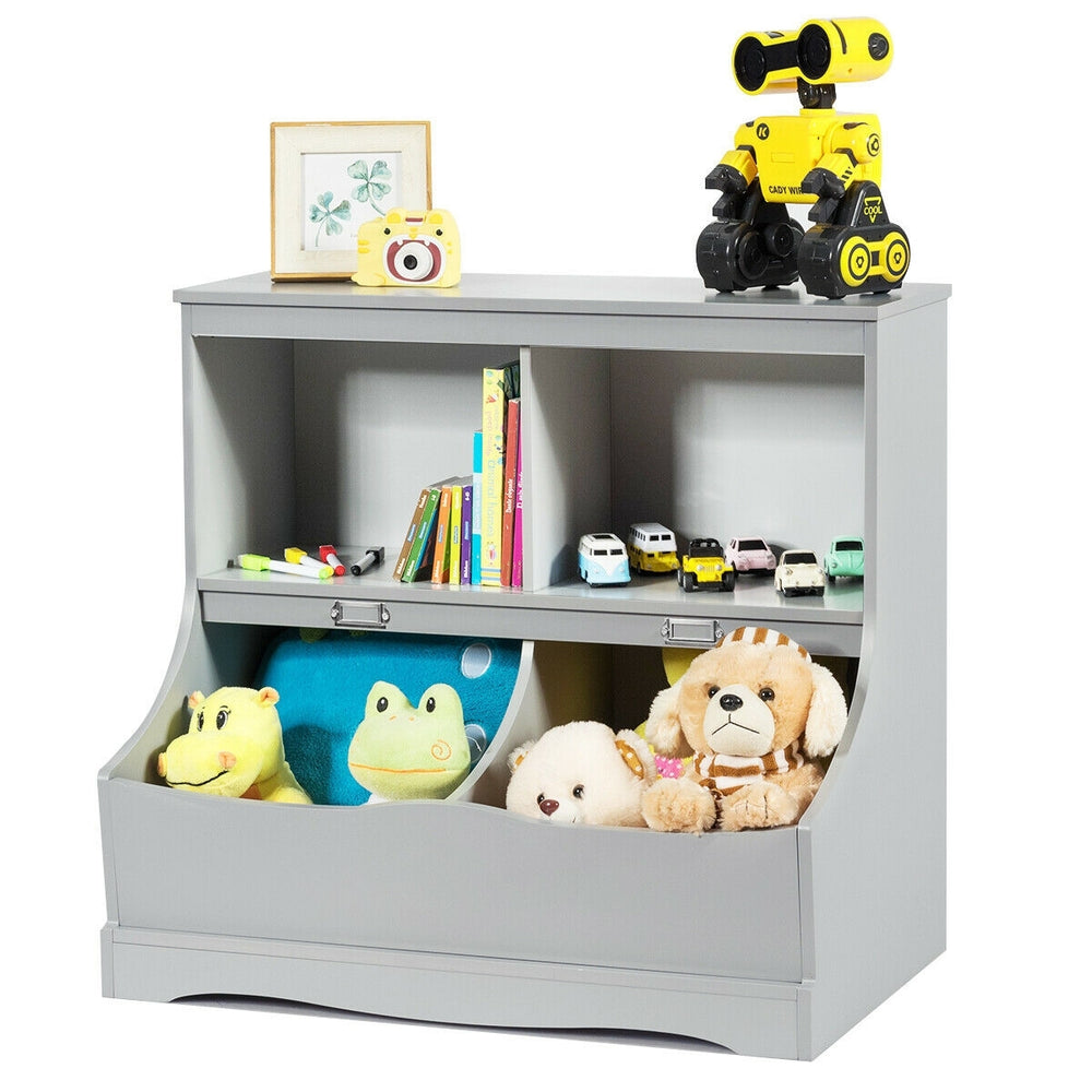 Gray kids floor cabinet with spacious top surface and name card design, ideal for organizing toys and books in style.