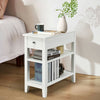 White 3-tier nightstand with drawer and open shelves, perfect for bedside or living room storage and organization.