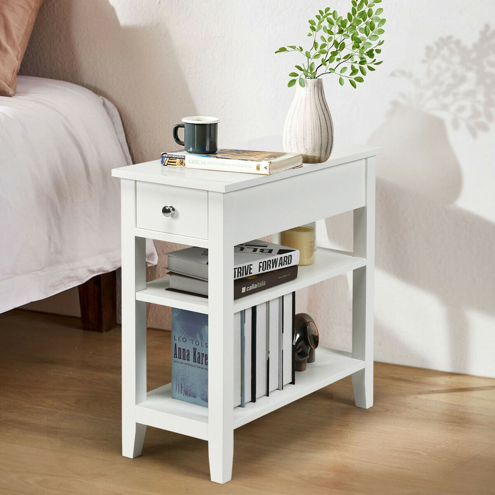 White 3-tier nightstand with drawer and open shelves, perfect for bedside or living room storage and organization.