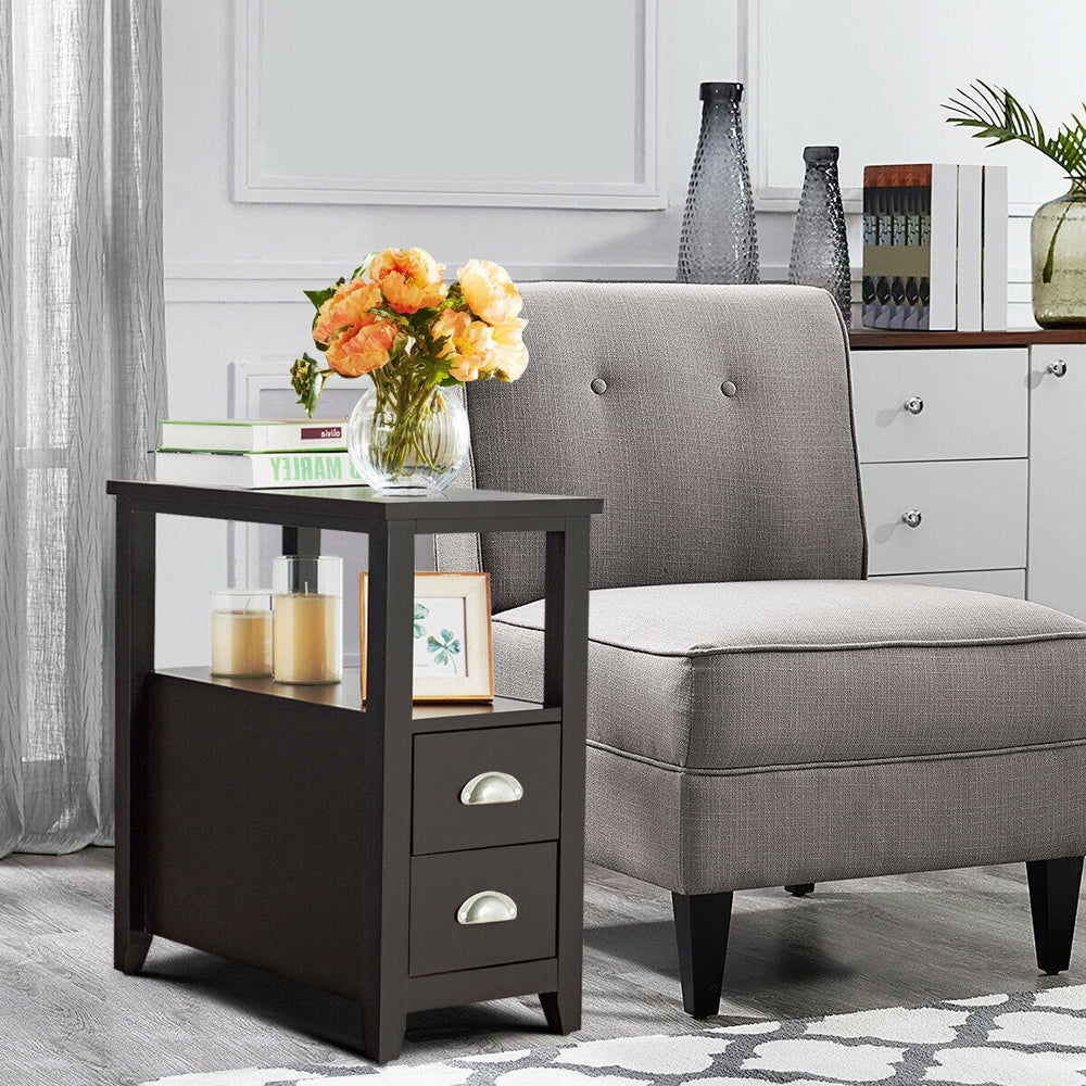 End Table Wooden with 2 Drawers and Shelf Bedside Table-Dark Brown - Gallery View 1 of 11