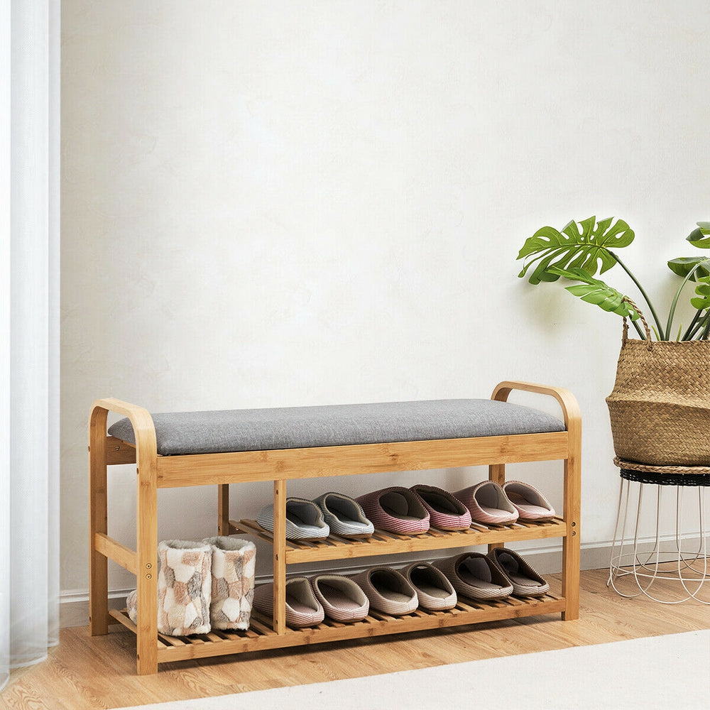 3-tier bamboo shoe rack bench with cushion, ergonomic design, suitable for entryway or bedroom, holds up to 330 lbs.