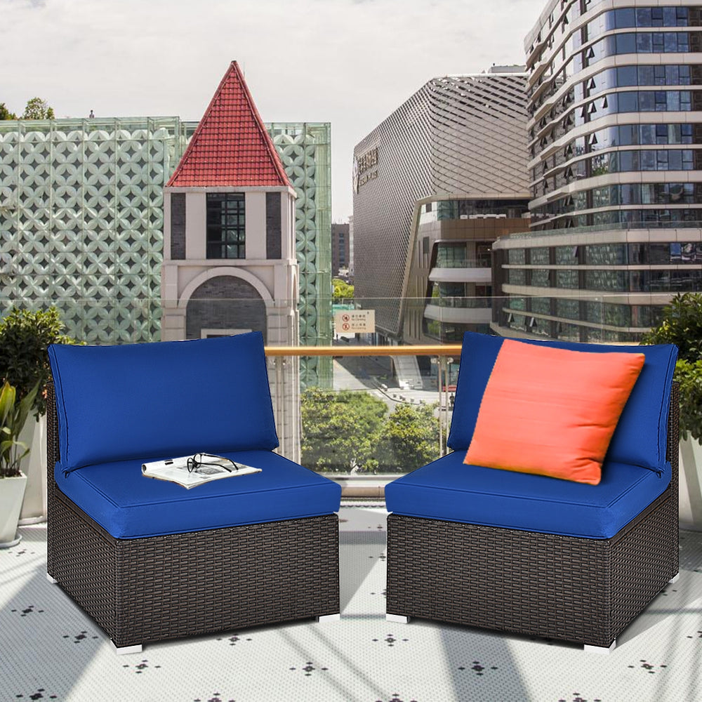 2 Pieces Patio Rattan Armless Sofa Set with 2 Cushions and 2 Pillows-Navy - Gallery View 1 of 11