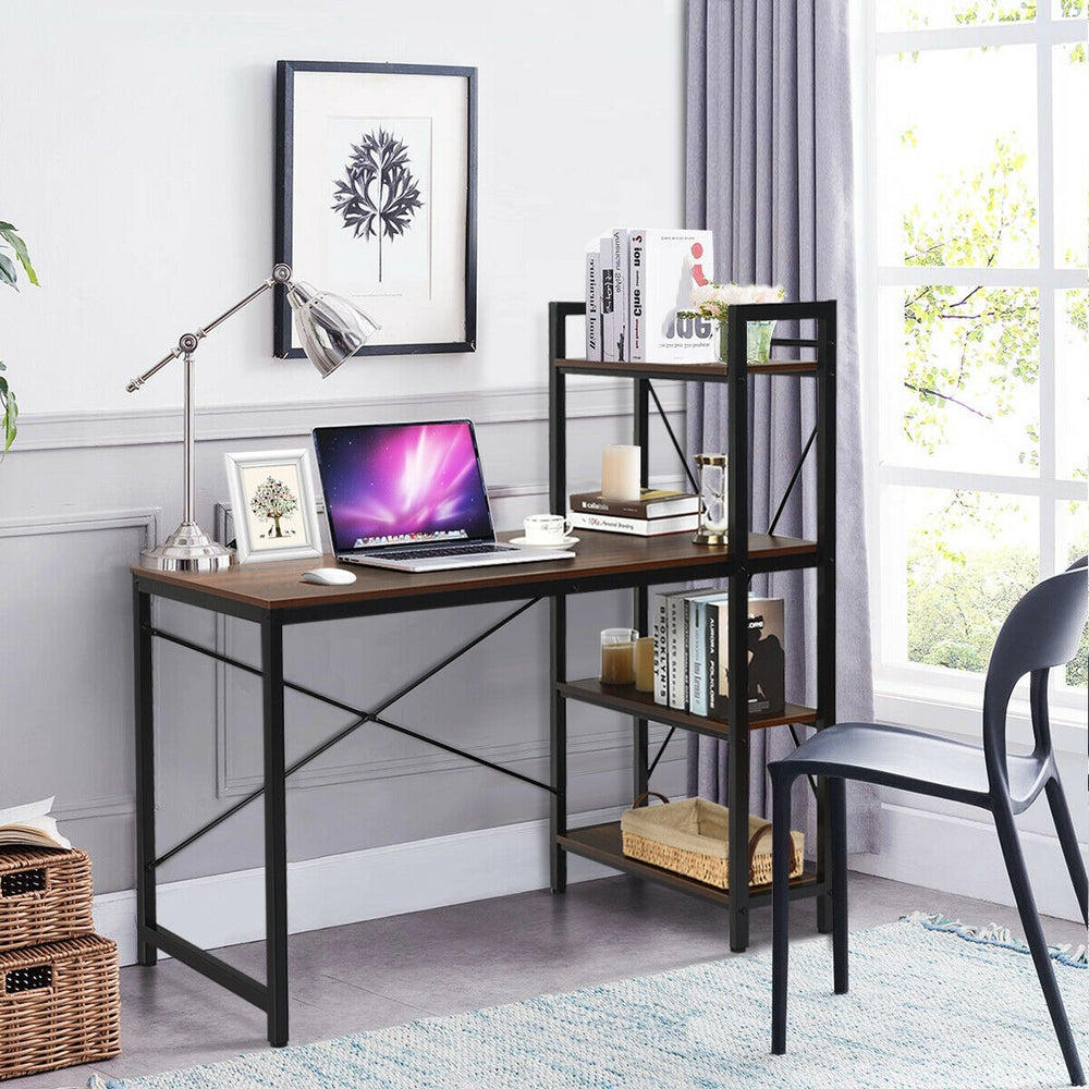 Compact 47.5-inch writing desk with 4-tier shelves, adjustable legs, and X-shape iron frame for stability and storage.