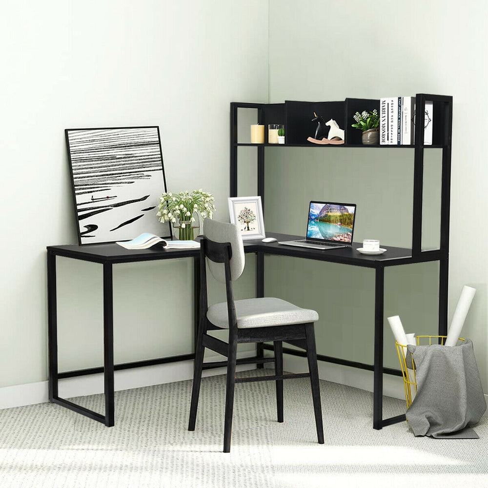 L-shaped black corner desk with open storage hutch, ideal for multitasking in home or office settings.