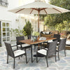 7-piece patio dining set featuring a spacious acacia wood table and 6 cushioned armchairs, perfect for outdoor.