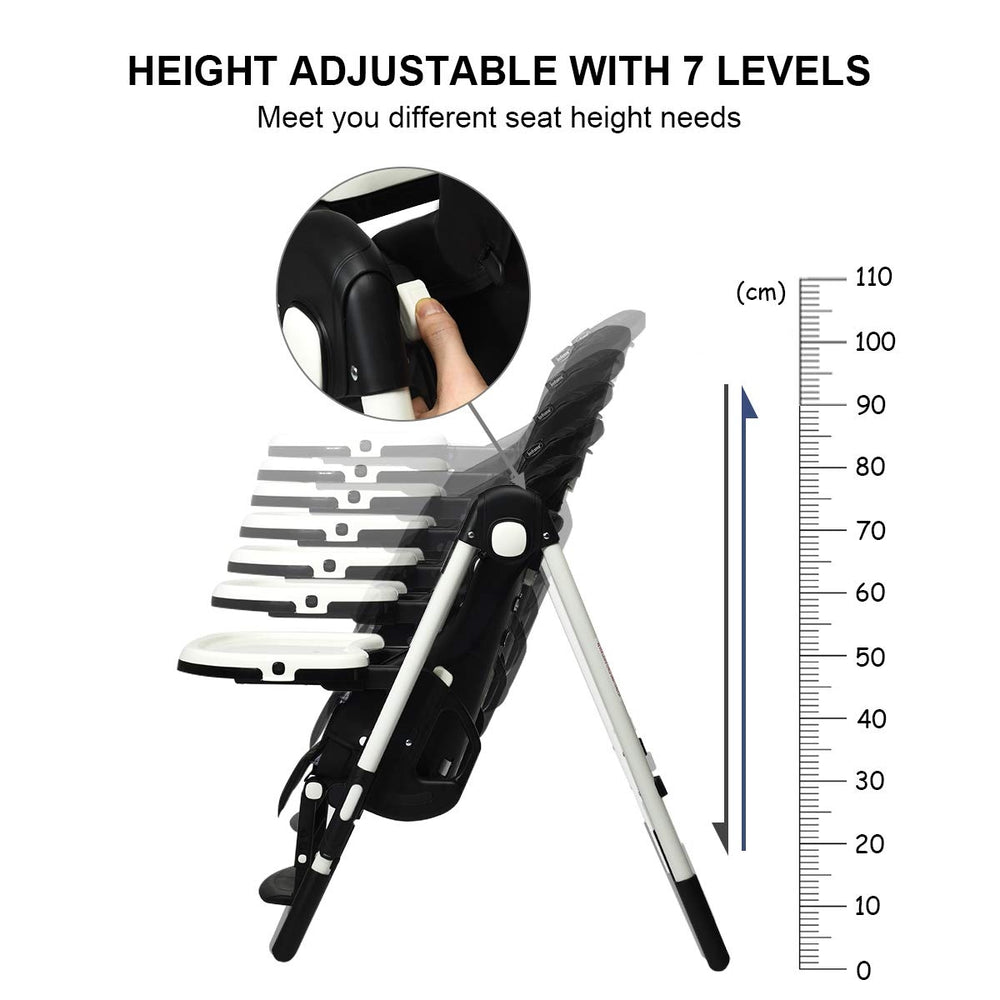Foldable high chair with adjustable backrest showing height settings, designed for safety and easy cleaning.