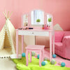 Kids pink makeup dressing table with tri-folding mirror and chair, perfect for bedroom or playroom use.