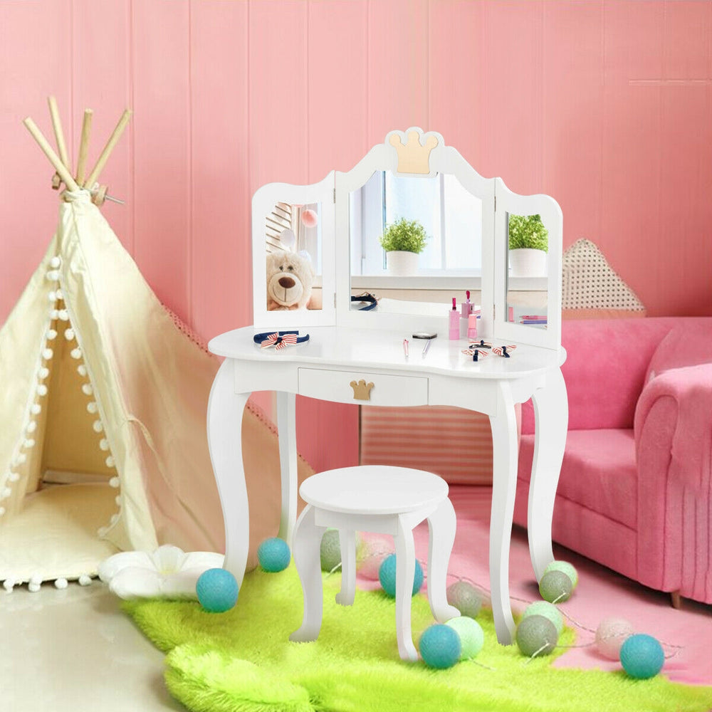 Kids Makeup Dressing Table with Tri-folding Mirror and Stool-White - Gallery View 1 of 12