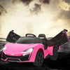 Pink 12V electric vehicle with remote control, LED lights, and openable doors for kids' outdoor fun.