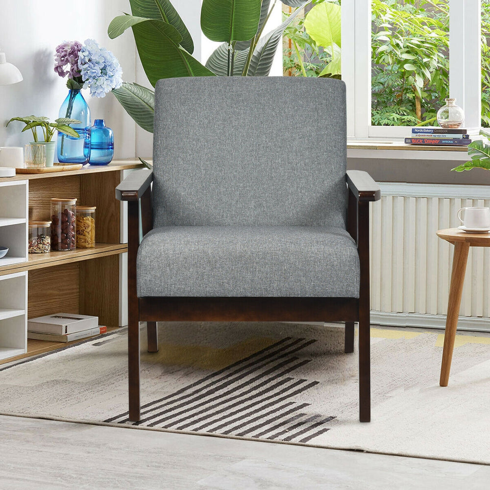 Solid Rubber Wood Fabric Accent Armchair-Gray - Gallery View 1 of 11