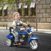 Chopper style 6V 3-wheel kids motorcycle in blue with adjustable headlight and comfortable seat for safe riding.