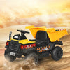 Yellow 12V battery kids ride-on dump truck with electric bucket, remote control, and LED lights for outdoor fun.