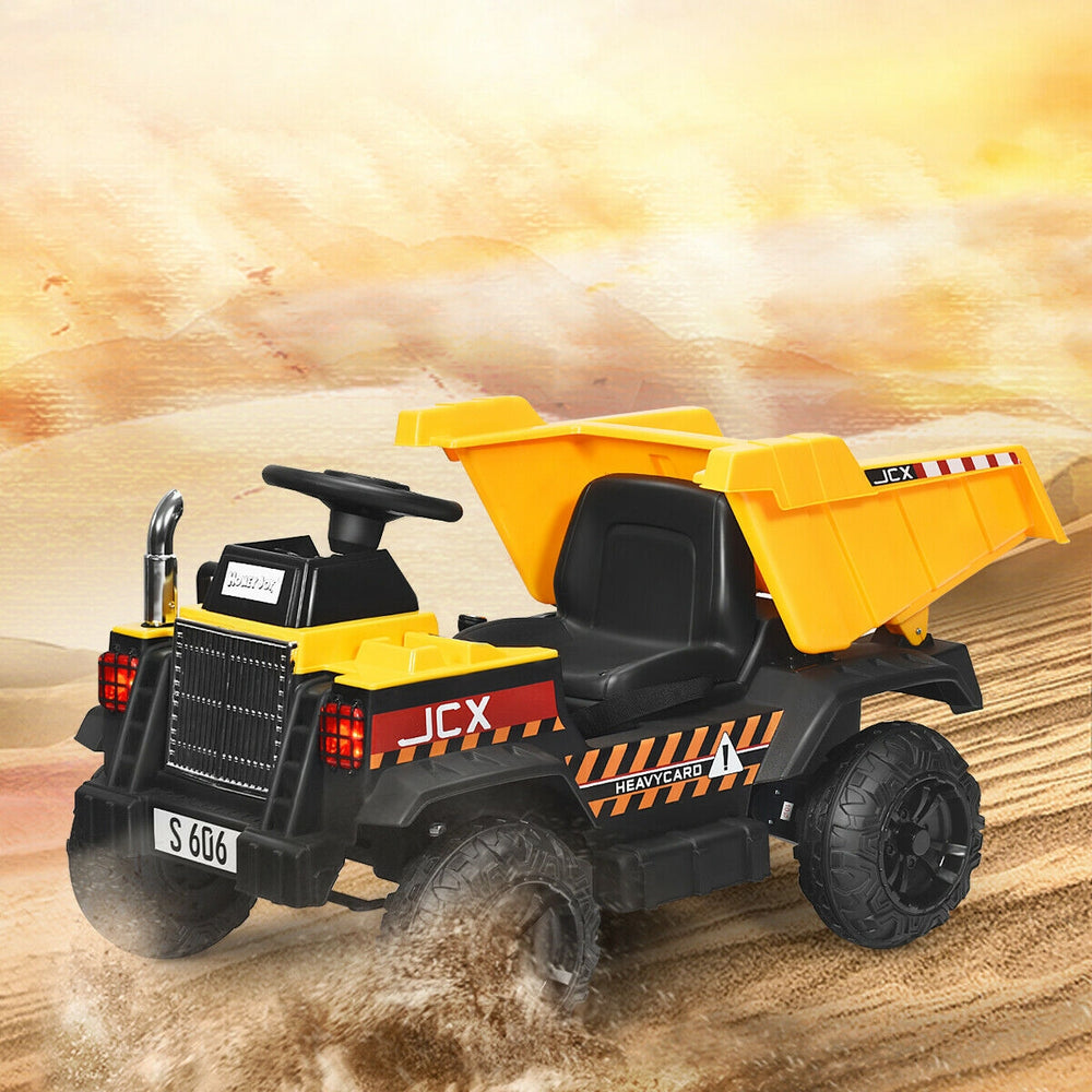 Yellow 12V battery kids ride-on dump truck with electric bucket, remote control, and LED lights for outdoor fun.