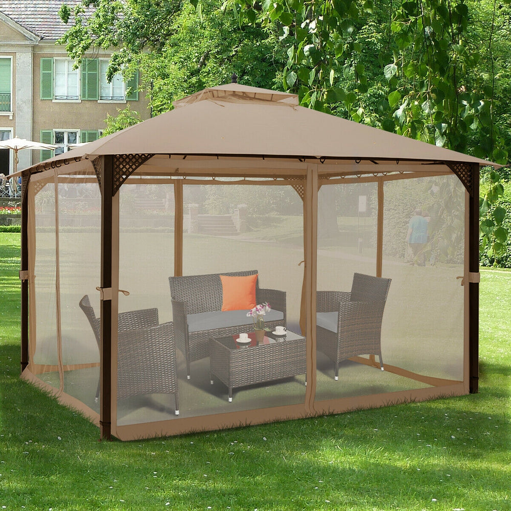 Outdoor 12 x 10 feet double top patio gazebo in brown with netting, ideal for backyard gatherings and shade.
