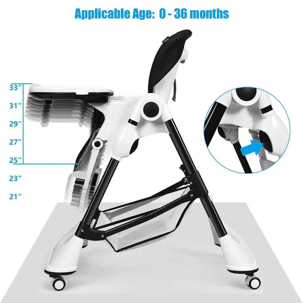Side view of the A-Shaped High Chair with 4 lockable wheels, featuring adjustable height and 5-point safety harness.