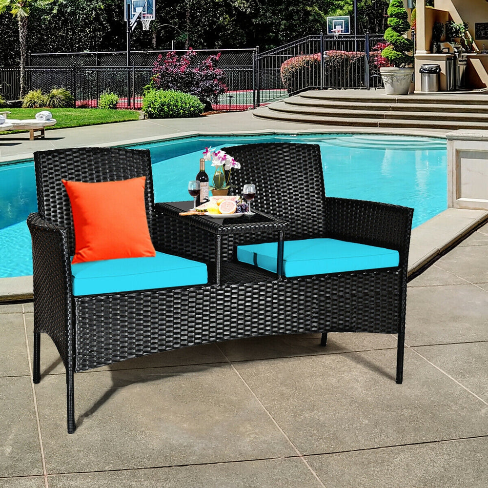 Wicker Patio Conversation Furniture Set with Removable Cushions and Table-Turquoise - Gallery View 1 of 12