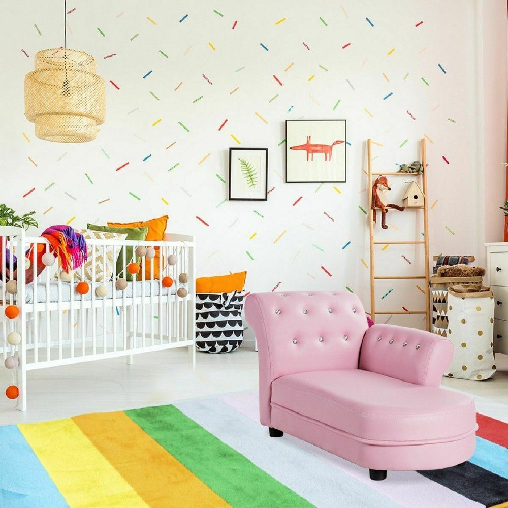 Compact pink Armrest Relax Chaise Lounge Kids Sofa with gem-studded backrest, perfect for reading and relaxing in style.