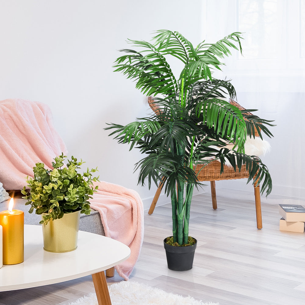 3.5 feet artificial Areca palm tree in a black pot, featuring realistic leaves for a warm home or office atmosphere.