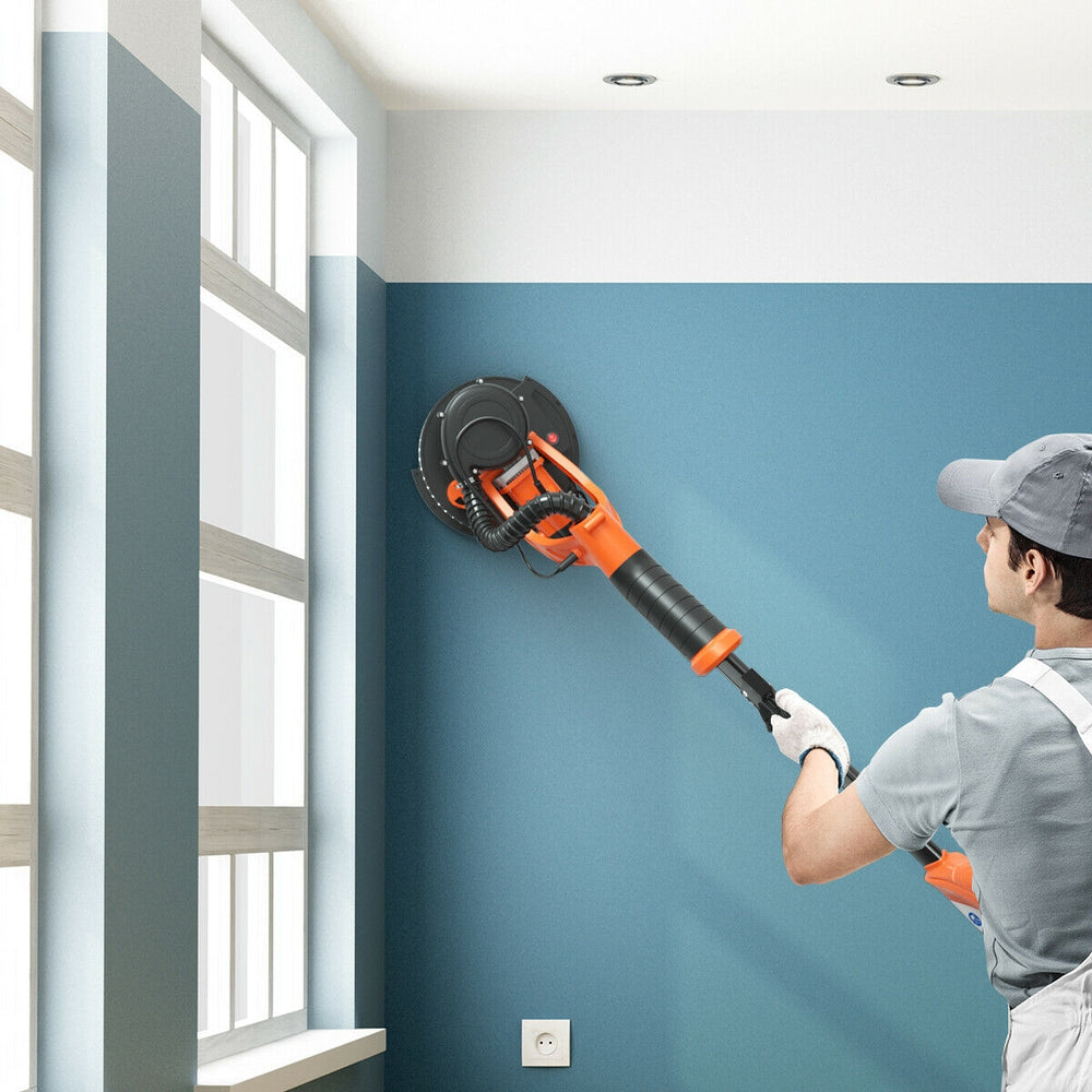 Electric foldable drywall sander with 750W motor, adjustable speed, and automatic vacuum system for dust-free sanding.