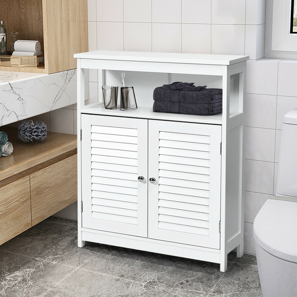 Wood Freestanding Bathroom Storage Cabinet with Double Shutter Door-White - Gallery View 1 of 14
