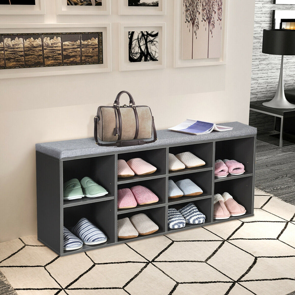 10-Cube Organizer Shoe Storage Bench with Cushion for Entryway-Gray - Gallery View 1 of 12