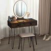 Industrial makeup dressing table in rustic brown with touch screen mirror, two drawers, and matching stool for elegant.