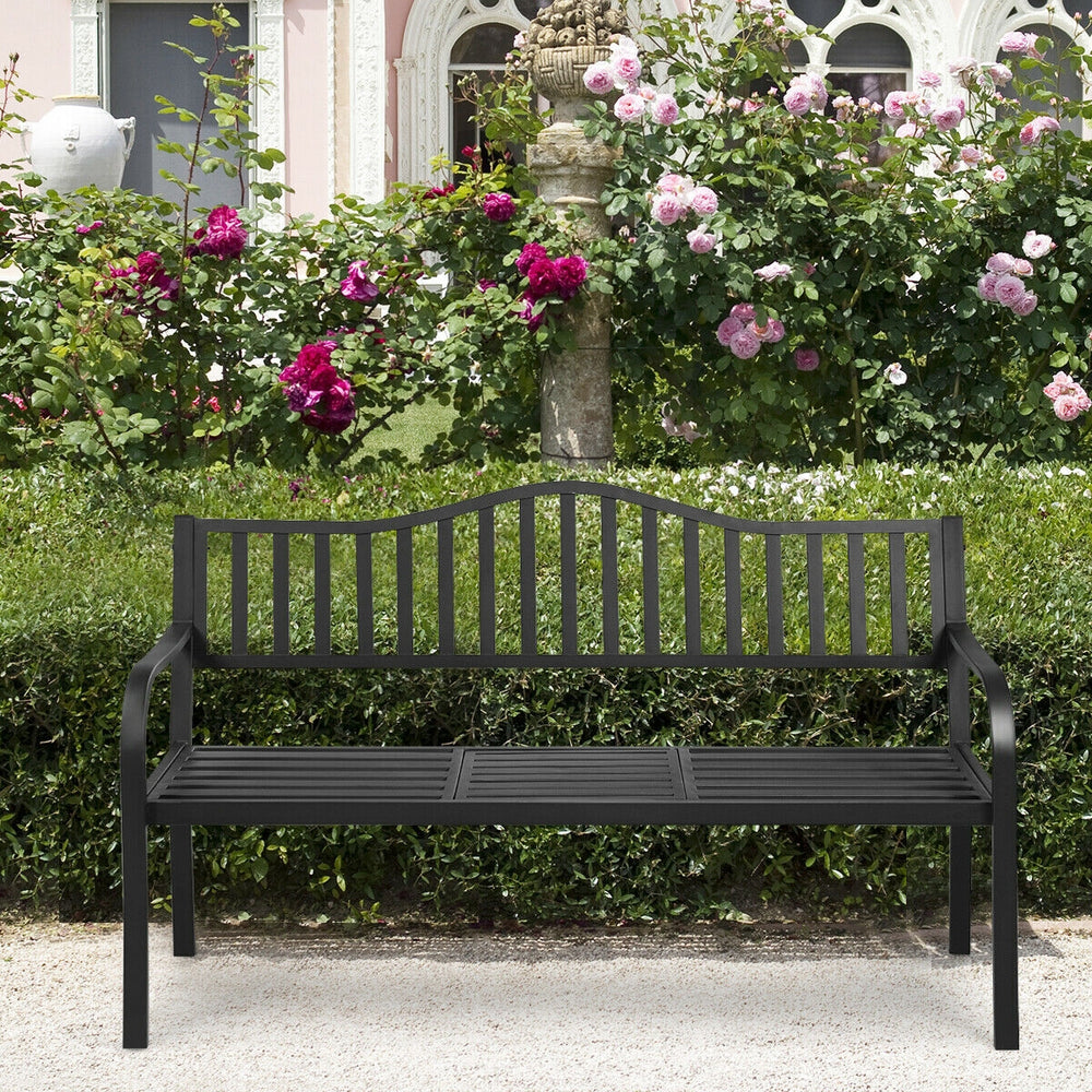 Front view of a patio garden bench with an adjustable center table, featuring a durable steel frame for outdoor comfort.