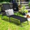 Adjustable black patio chaise lounge chair with breathable fabric and curved armrests, perfect for outdoor relaxation.