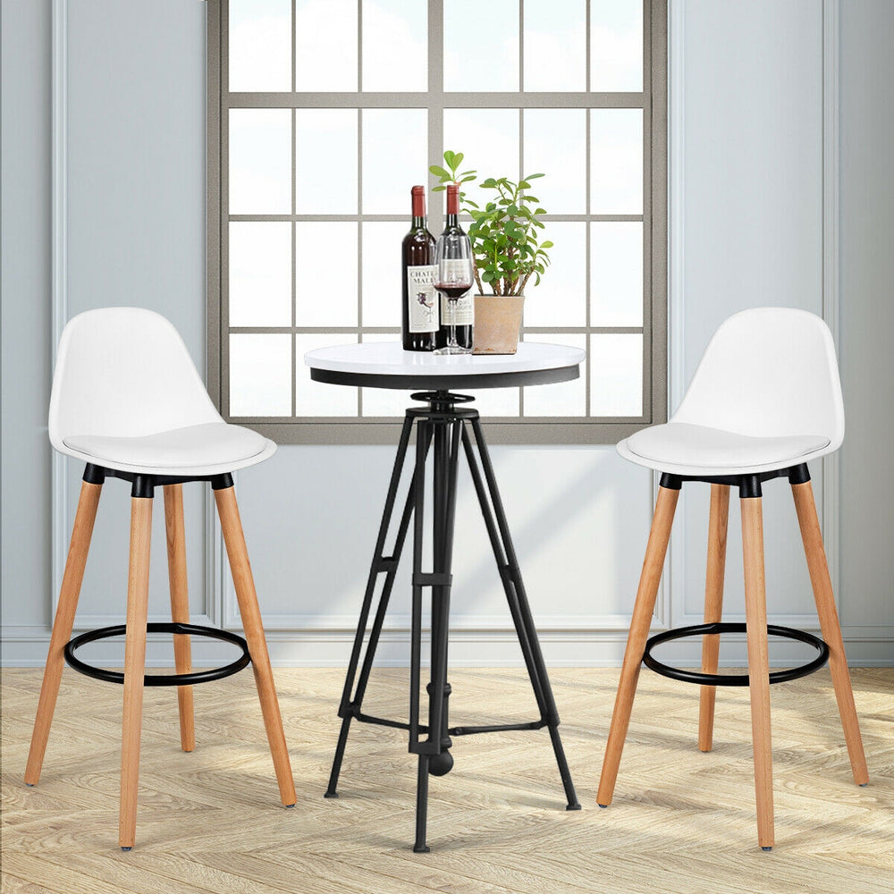 Mid-century barstool set with white PU leather seats and beech wood legs, perfect for dining rooms or home bars.