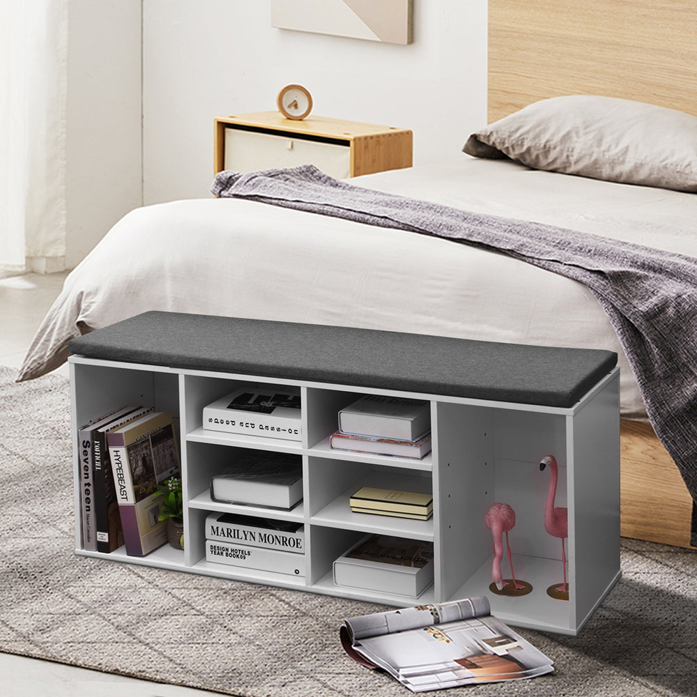 10-cube organizer shoe storage bench with cushion, featuring solid chipboard and ample storage for entryway or living.