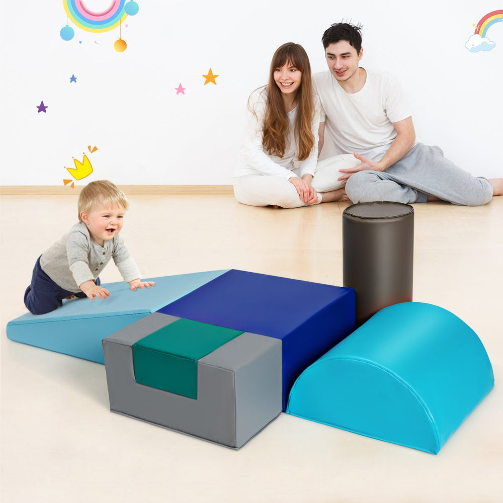 Colorful 6-piece indoor play set for toddlers, designed for crawling and climbing, featuring soft, safe materials.