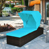 Turquoise chaise lounge chair with a folding canopy and comfortable cushion, crafted from weather-resistant PE rattan.
