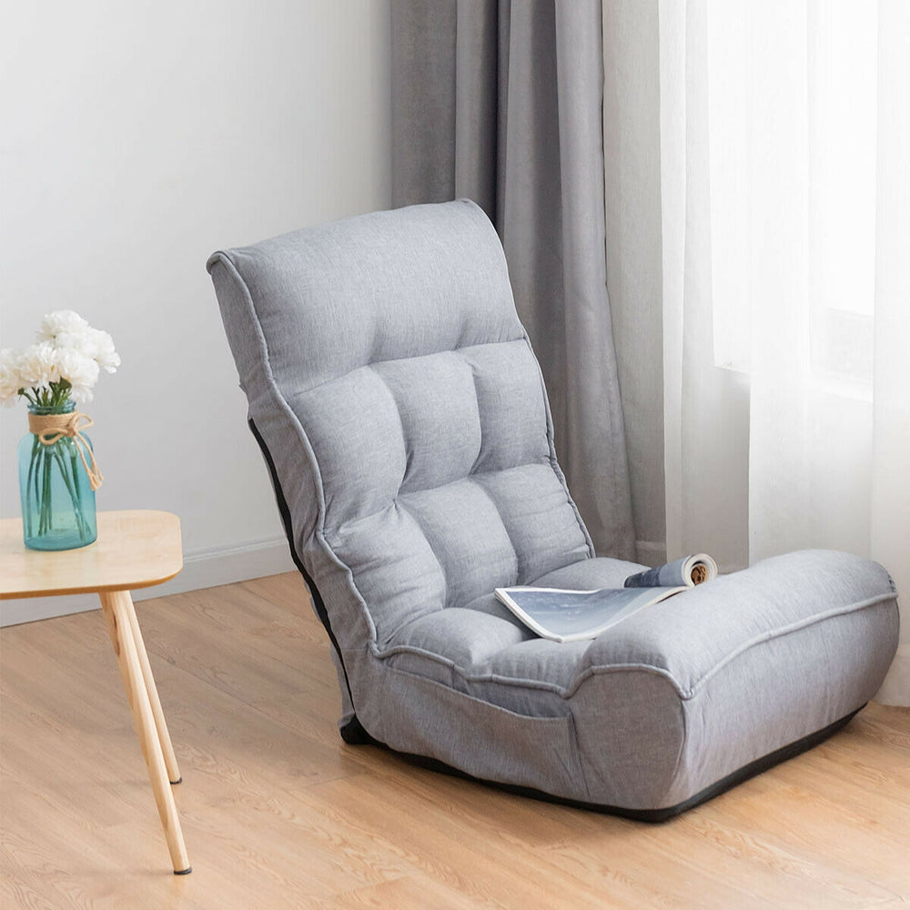 Gray 4-position adjustable floor chair with ergonomic design, perfect for gaming, reading, or watching TV.