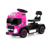 Pink 6V kids electric ride-on truck with adjustable seat, functional steering wheel, and LED lights for fun outdoor.