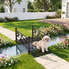 Garden metal bridge with dual patterned side rails, featuring a slatted walkway and reinforced arched frame for.
