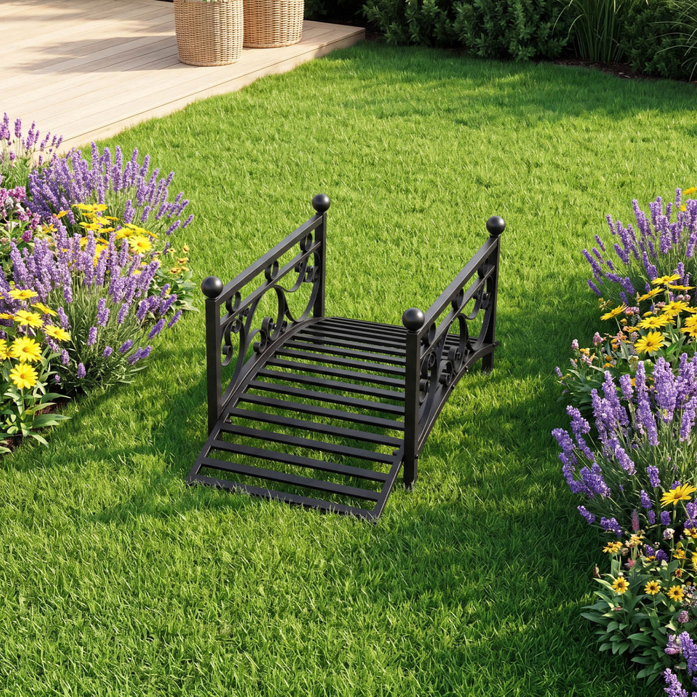 Garden metal bridge with dual patterned side rails, 3.3 ft long, designed for stability and visual charm in outdoor.