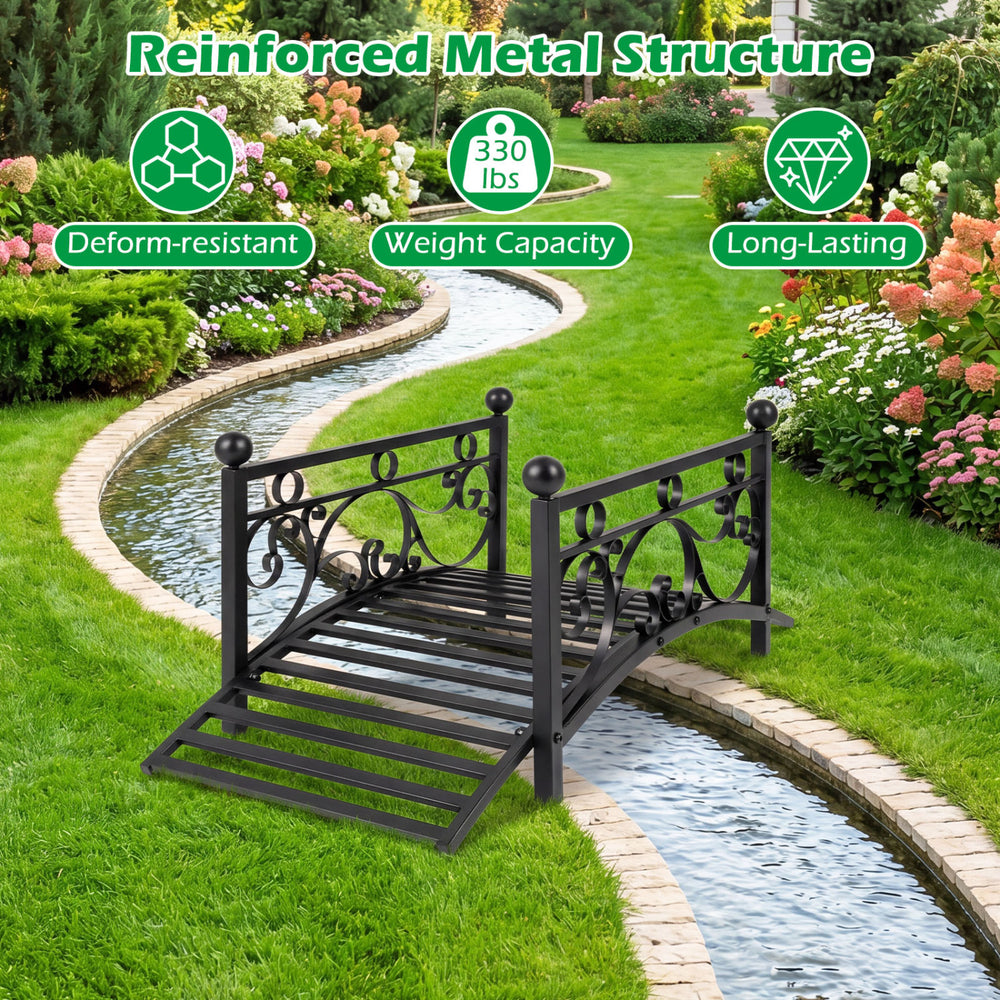 3.3 ft garden metal bridge with dual patterned side rails, reinforced structure, suitable for ponds and gardens.